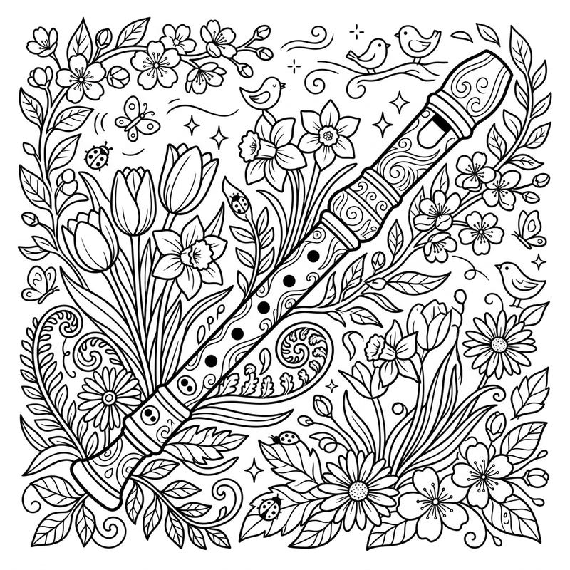 Celebrate the joy of music and the beauty of spring with this delightful coloring page featuring a decorative recorder. Surrounded by an abundance of blooming flowers and cheerful nature elements, it offers a serene and engaging coloring experience.