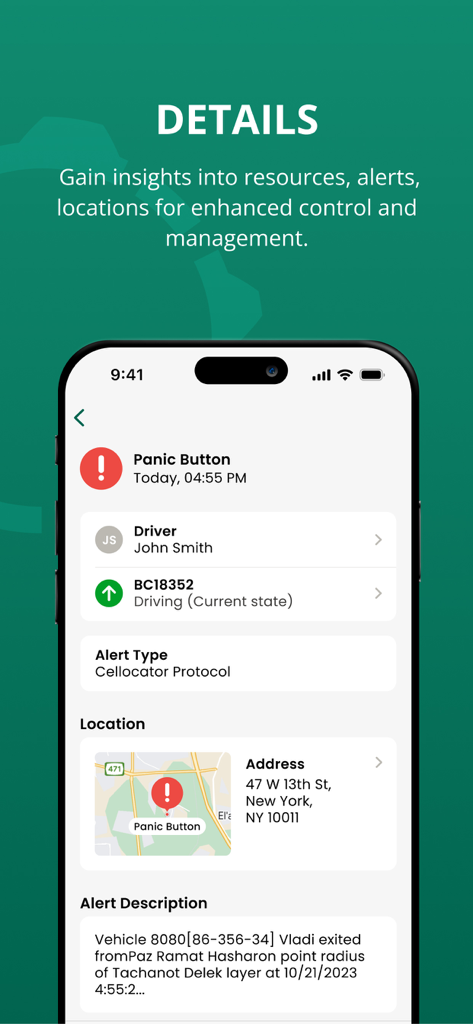 Powerfleet Manager - Detailed view of a panic button alert in the Powerfleet Manager app showing driver name, vehicle status, and GPS location on a map.