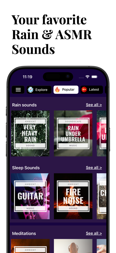 Rain Sleep Sounds & Meditation - Rain sleep sounds and meditation app showing rain and sleep categories