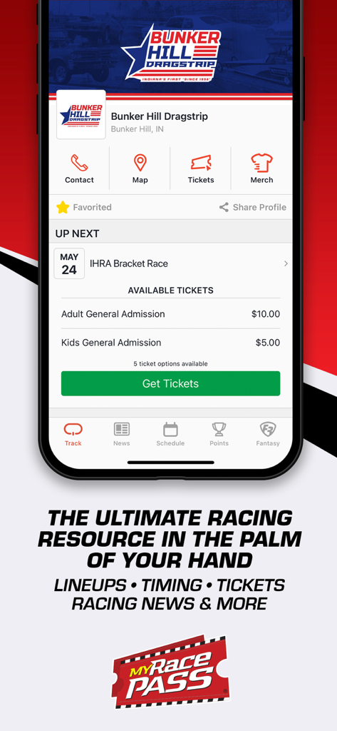 Un écran de téléphone mobile affichant l'application MyRacePass avec les options de billets d'événement et le calendrier pour une piste de dragster locale.