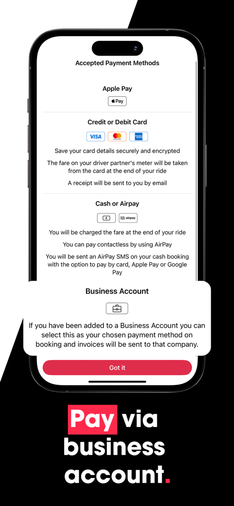 Veezu taxi app interface showing multiple payment options including Apple Pay, credit cards, cash, and business account billing.