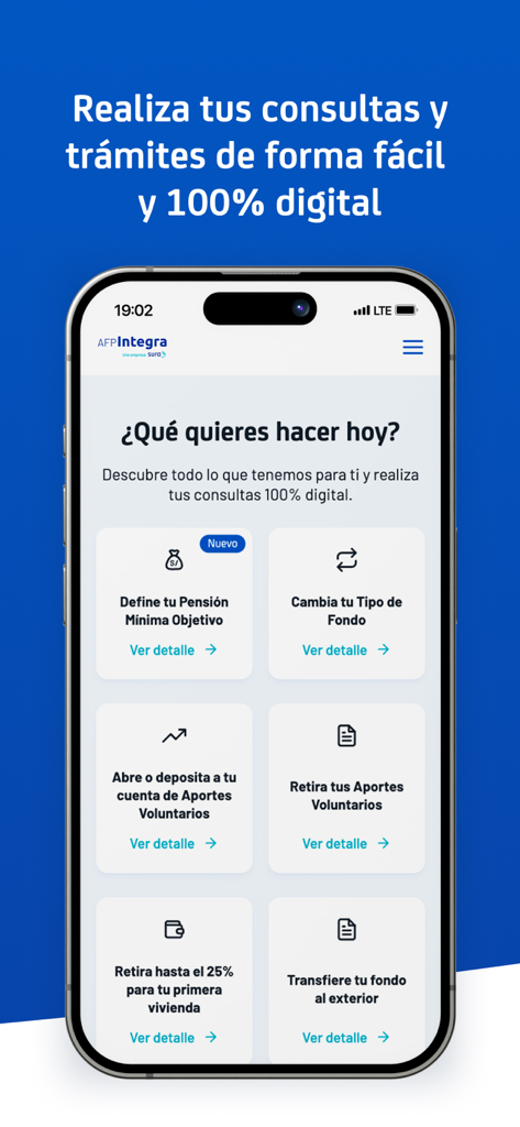 AFP Integra - Schermata dell'app mobile AFP Integra che mostra un menu con opzioni per la gestione del fondo pensione e servizi digitali in spagnolo