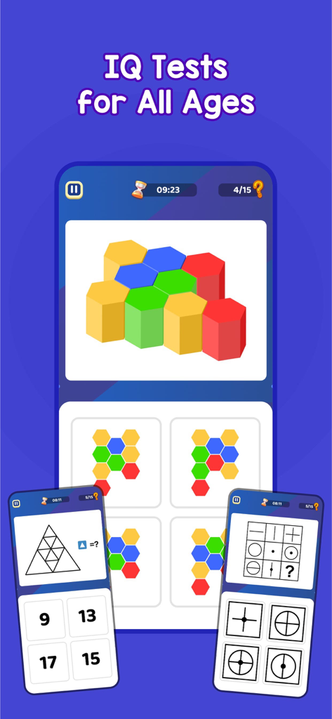 MentalUP app interface displaying various IQ tests and logic puzzles for children including pattern recognition and geometry challenges