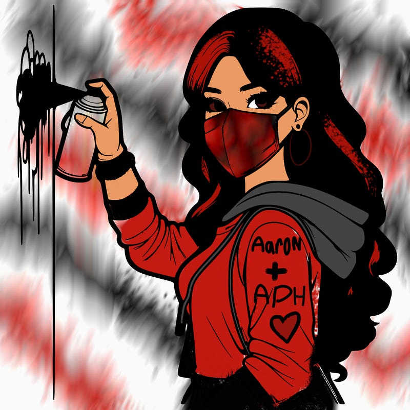 realistic girl with mask spray painting a wall