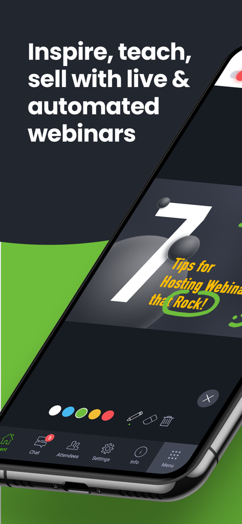 Smartphone screen showing ClickMeeting app interface with a webinar presentation and interactive drawing tools