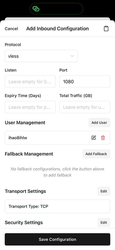 RayBoxUI - Interface for adding a new inbound configuration using the vless protocol in RayBoxUI