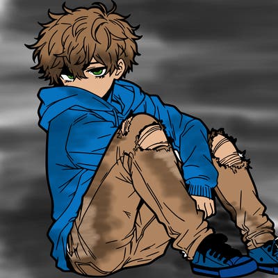 a male hoddie ripped jeans messy hair anime