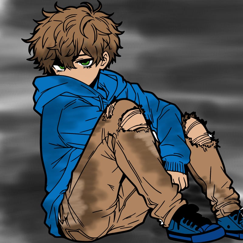 a male hoddie ripped jeans messy hair anime