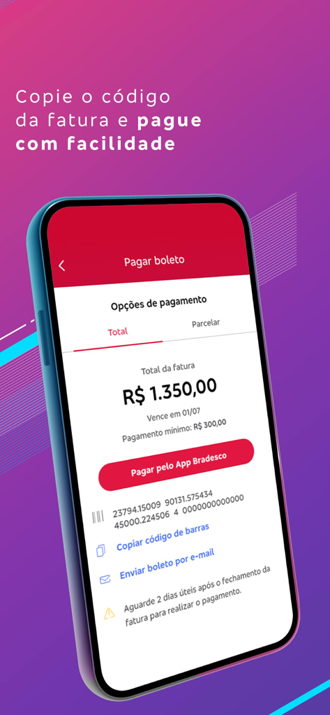Bradesco Cartões - Interface do aplicativo Bradesco Cartões mostrando uma tela para pagar faturas de cartão de crédito com opções para copiar o código de barras ou pagar via aplicativo principal do banco