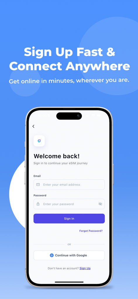 Orbit eSIM - Orbit eSIM mobile app login screen featuring email sign-in and Google authentication options