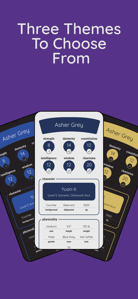 Protagonist - Protagonist app interface showcasing three different color themes for digital character sheets