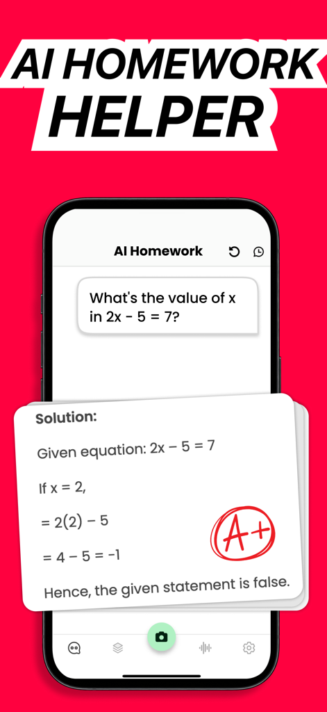 AI宿題ヘルパーアプリ画面、Aプラス評価付きのステップバイステップ代数解答を表示