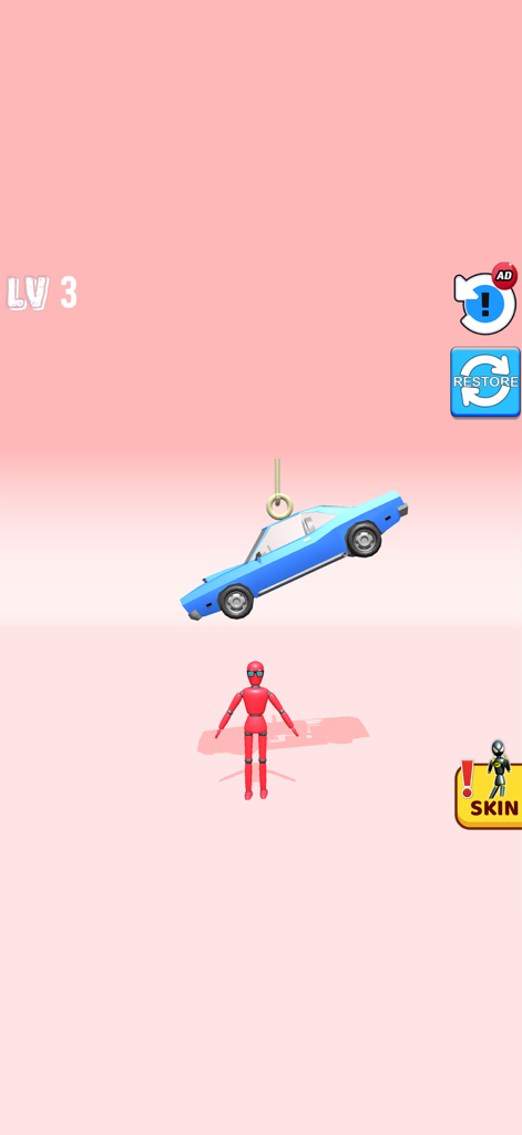 Kick & Break Ragdoll Simulator - A blue car suspended by a hook over a red ragdoll character in Level 3 of the game.