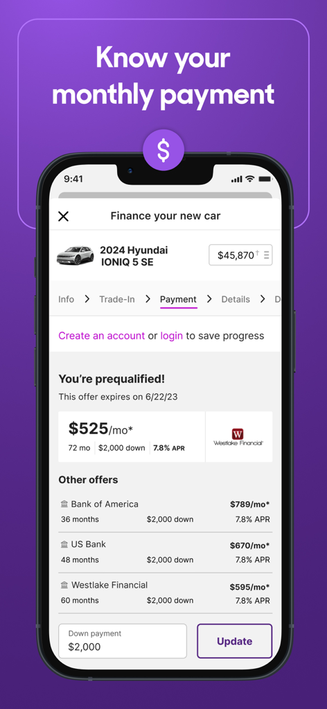 Cars.com - New & Used Cars - The Cars.com app interface showing a monthly payment calculator and financing offers for a new car.