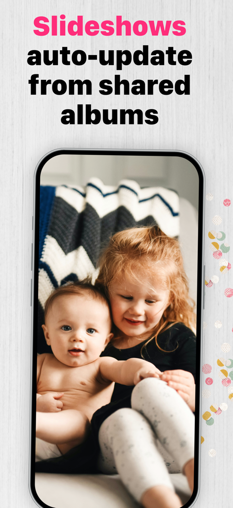 Digital Photo Frame Slideshow - iPhone screen showing a photo of two children with text about slideshows auto-updating from shared albums
