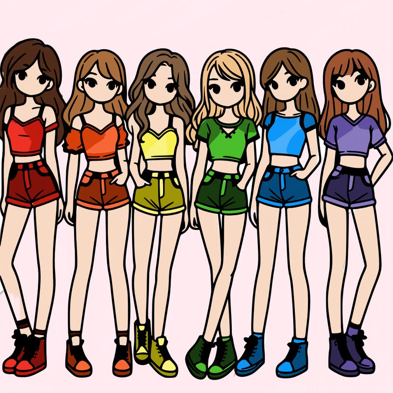 a group of girls wearing crop tops and shorts