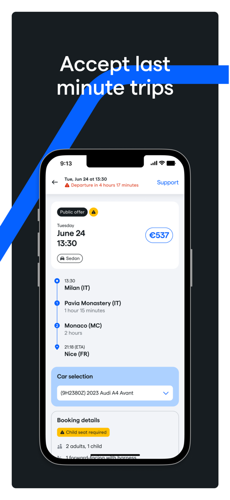 Daytrip Driver - Interfaz de la aplicación Daytrip Driver que muestra un itinerario de viaje de Milán a Niza con precios y selección de vehículo
