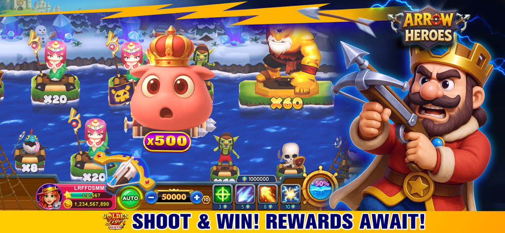 Golden Tiger Slots - Slot Game - Una captura de pantalla del minijuego Arrow Heroes en Golden Tiger Slots que muestra a un personaje rey con una ballesta y varios monstruos como objetivos en islas flotantes