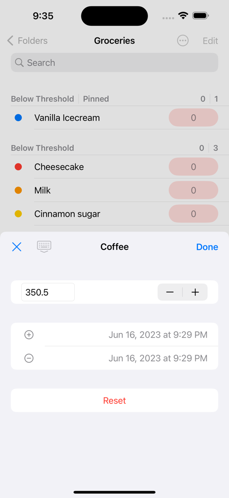 Stock List - Inventory Control - Una captura de pantalla de la aplicación Stock List que muestra una lista de comestibles y el editor de cantidad decimal para el café.