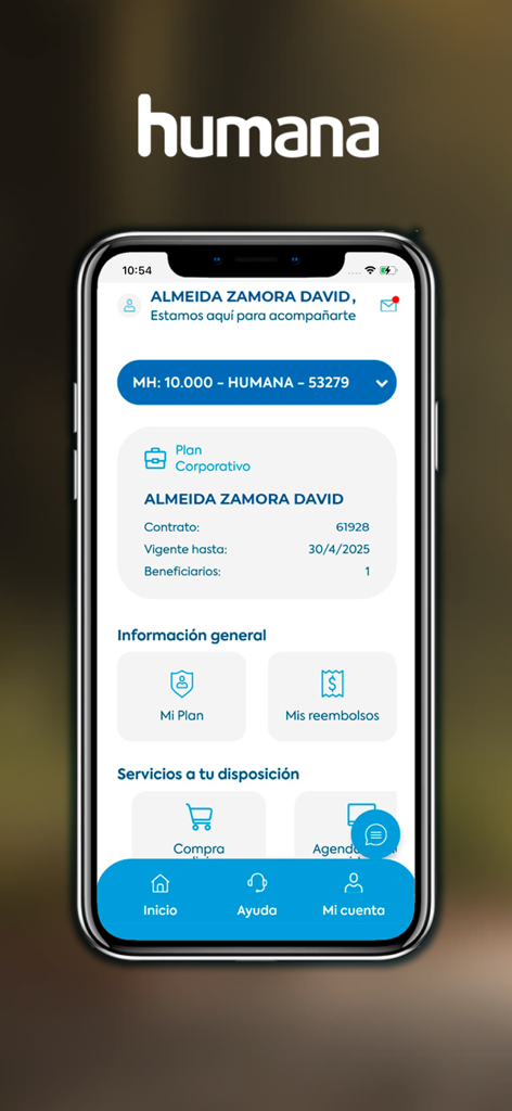 Mi Humana - Mi Humana app dashboard displaying Ecuadorian health insurance plan information and medical service options