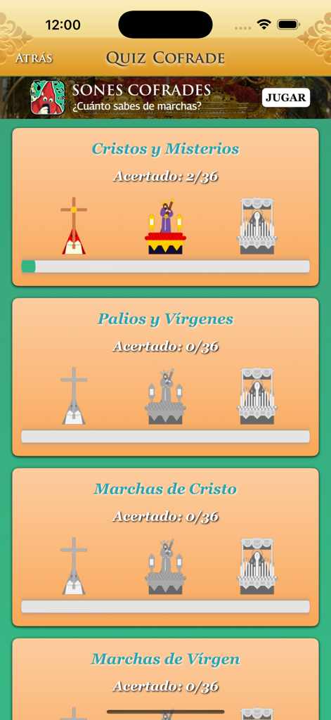 Interfaz de la aplicación Quiz Cofrade mostrando categorías de trivial como Cristos y Vírgenes con barras de progreso