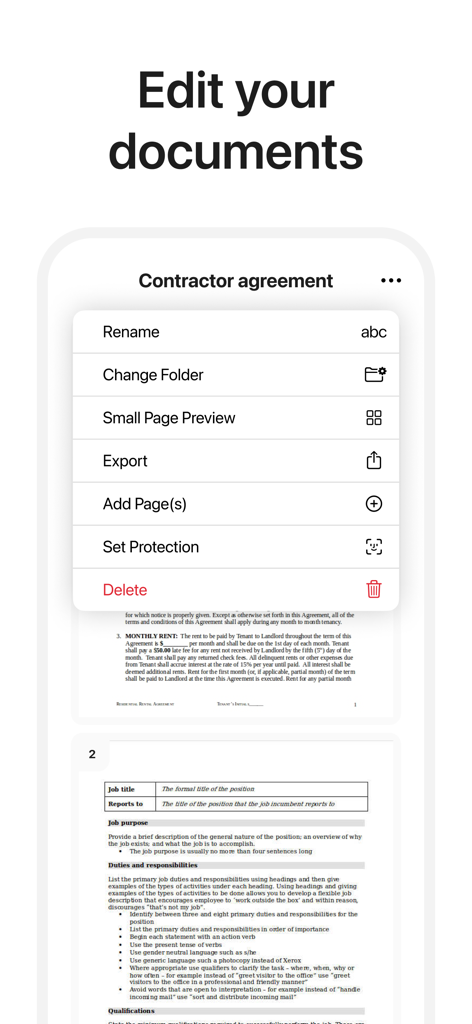 Sign Doc: e-Signature Maker - Interfaz de la aplicación Sign Doc mostrando un menú con opciones para renombrar, exportar y proteger un documento de acuerdo de contratista