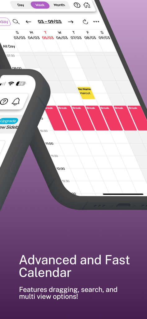 Dibs - Appointment Scheduling - 서비스 기반 비즈니스의 예약 슬롯 및 휴식 시간을 보여주는 모바일 장치의 주간 캘린더 보기