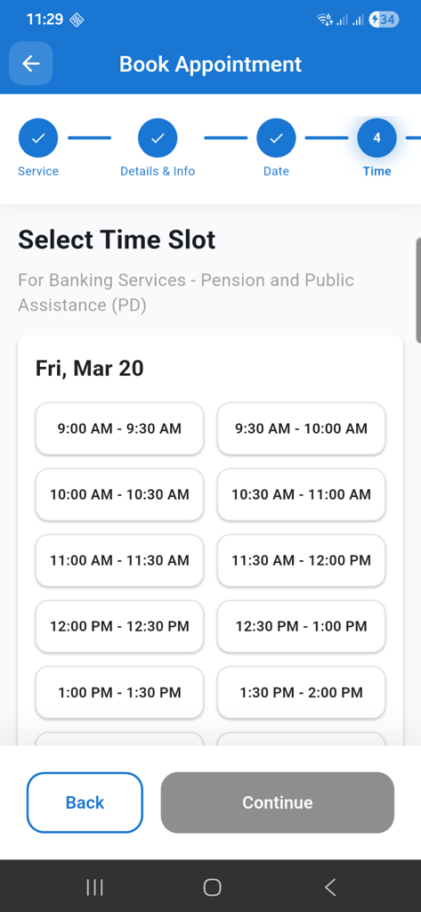 Interfaz para seleccionar una franja horaria de cita en la aplicación GovConnect GY
