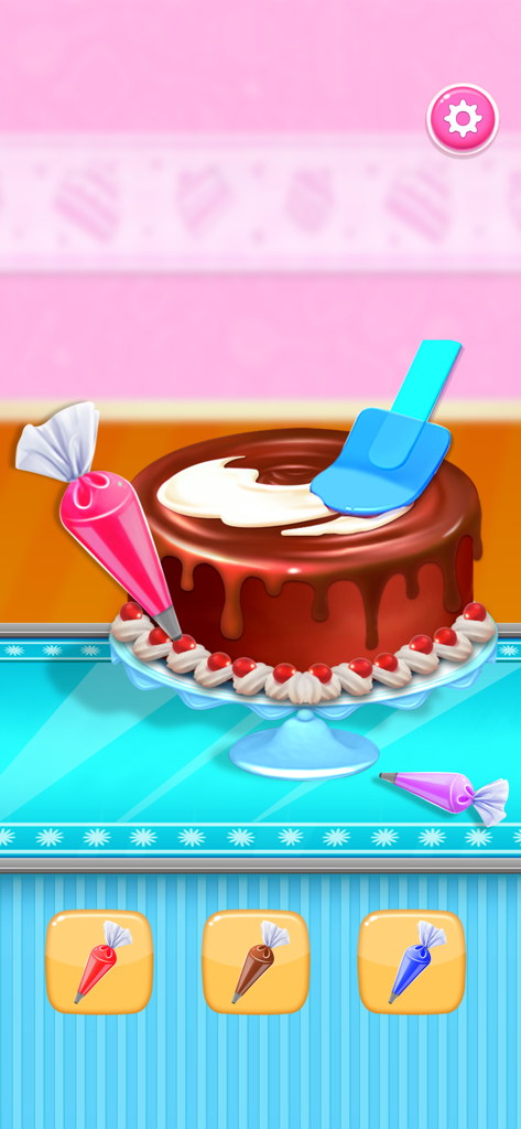 Ice Cream Cake & Baking Games - A chocolate cake being decorated with frosting and piping tools in a digital baking game