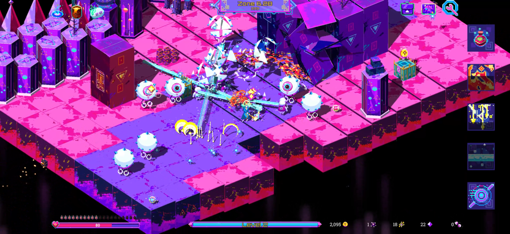 Neon Spellstorm - Un mago lanzando rayos mágicos a monstruos con forma de ojo en un vibrante mundo de vóxeles de neón.