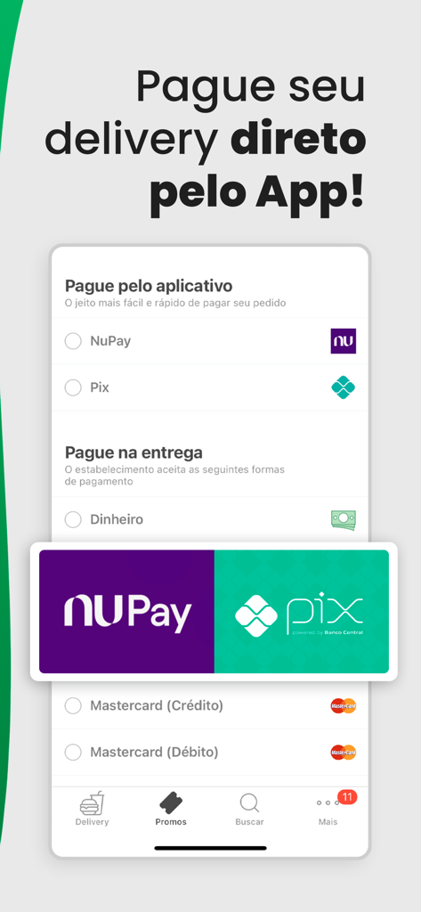 Bigou Delivery - Tela de métodos de pagamento no aplicativo Bigou Delivery mostrando opções NuPay e Pix