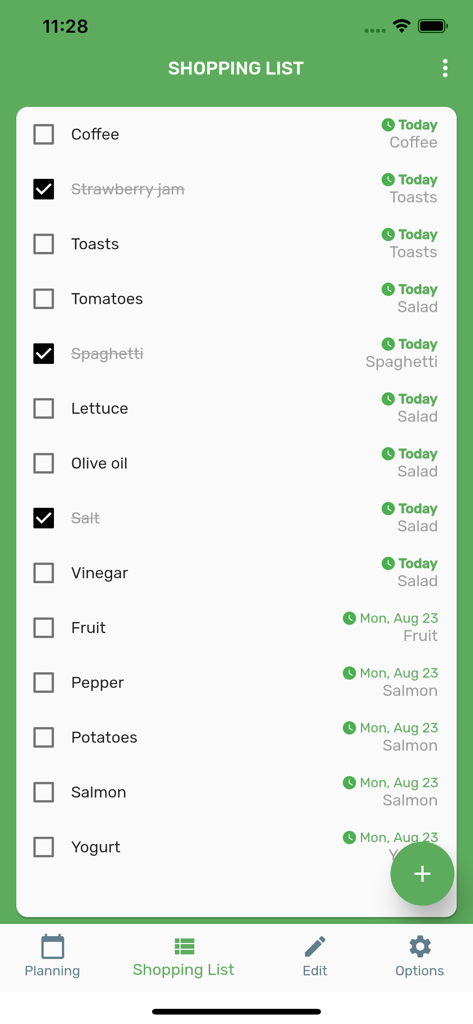 Interfaz de la lista de la compra en la aplicación Easy Menu Planner que muestra una lista de verificación de artículos de supermercado categorizados por fecha y comida