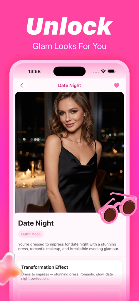 Lurr - Lurr app screenshot showcasing a glamorous date night AI photo style transformation