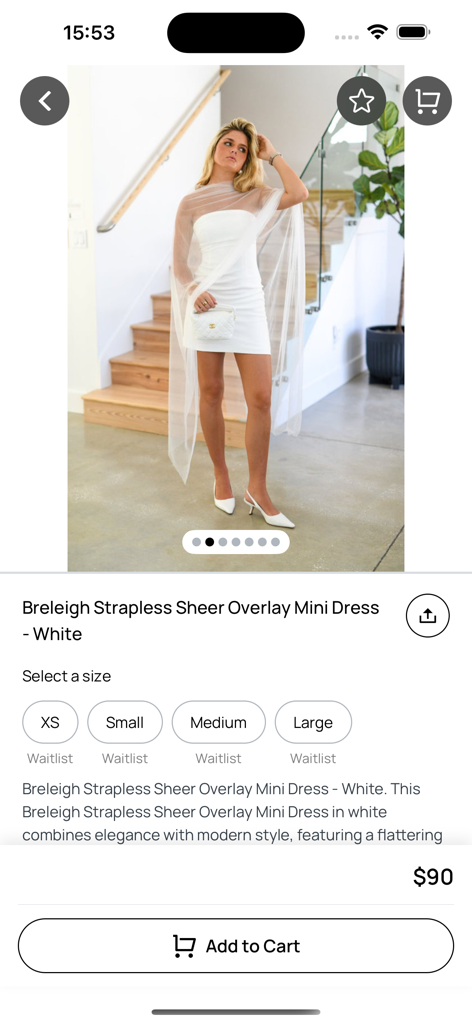 Fancy D Boutique - Fancy D Boutique app product screen showing a white strapless mini dress with a sheer overlay