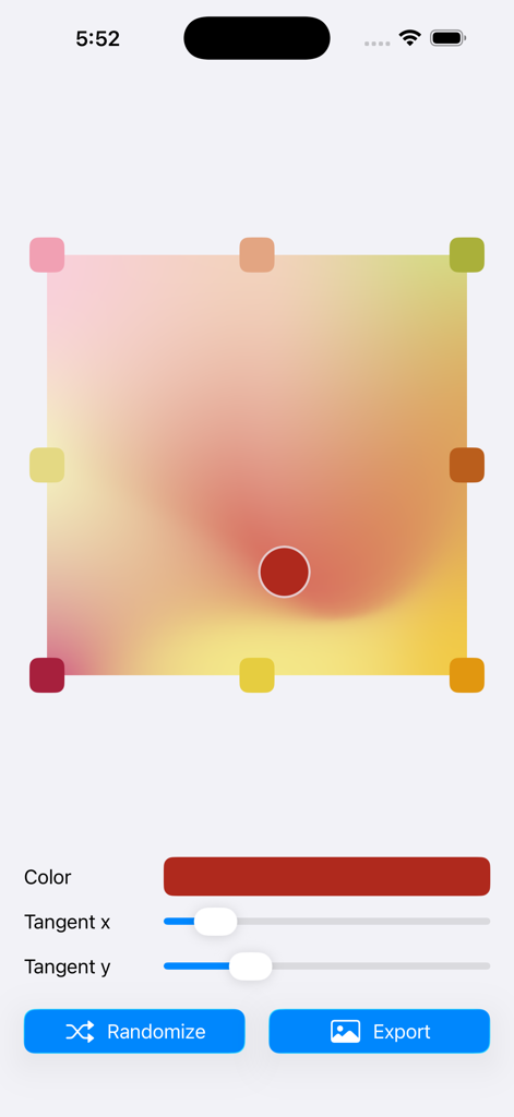 Mobile interface of the Mesh Gradient app showing a colorful gradient editor with customization sliders and control points