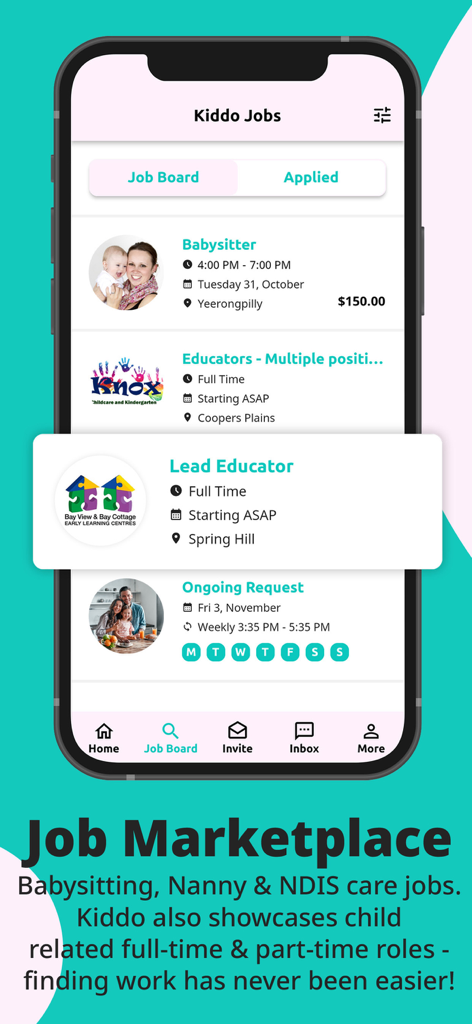 Kiddo App - Kiddo App interface showing a job board for babysitting and childcare roles.