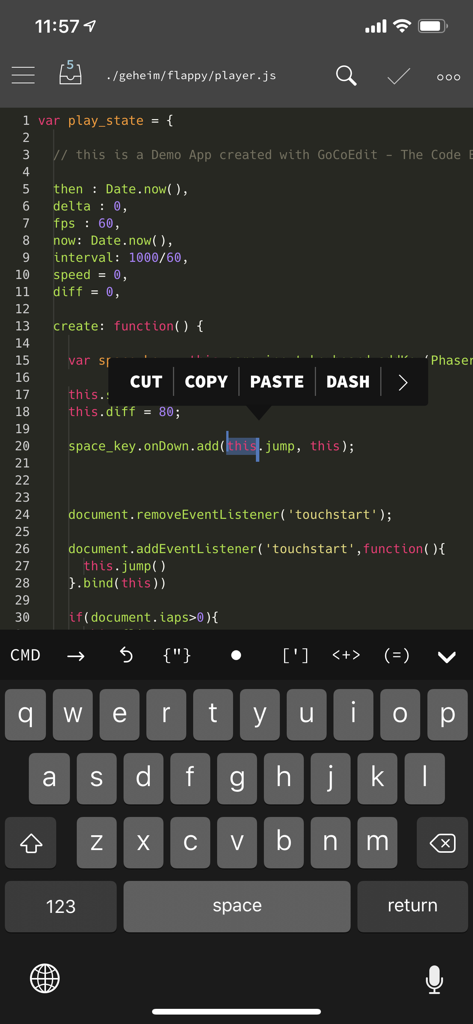 JavaScript 구문 강조 표시 및 코드 편집을 위한 컨텍스트 메뉴를 보여주는 iPhone의 GoCoEdit 앱 인터페이스.