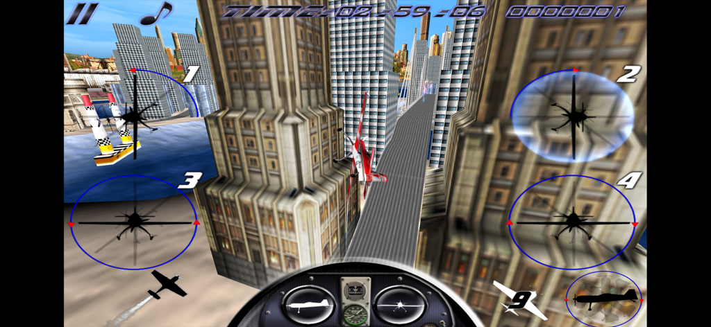 AirRace SkyBox - AirRace SkyBox gameplay showing a Sukhoi 26 airplane flying through a city skyline with cockpit instrumentation and flight indicators.