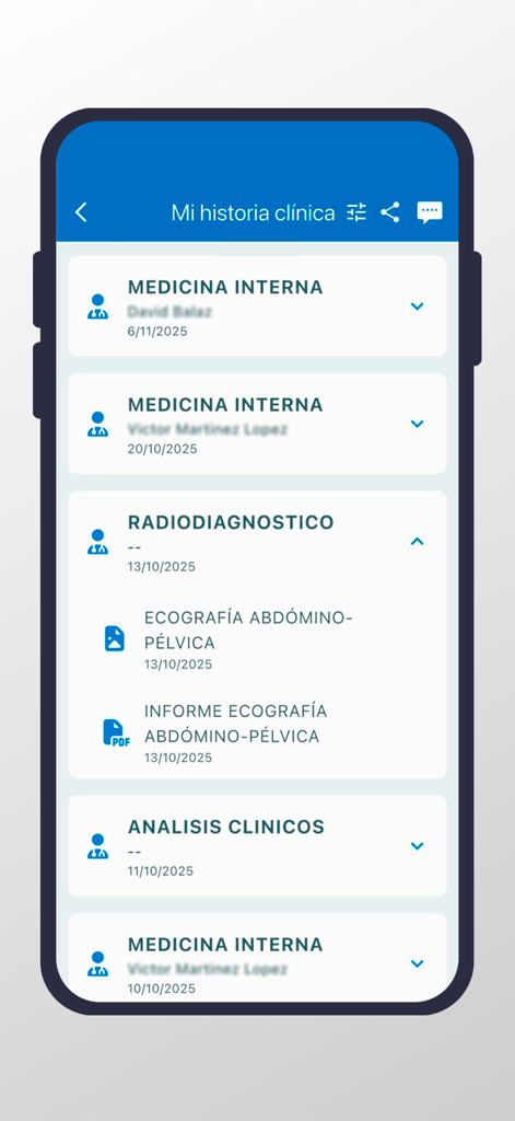 Pantalla de la aplicación IMED Hospitales que muestra el historial médico y los informes de diagnóstico