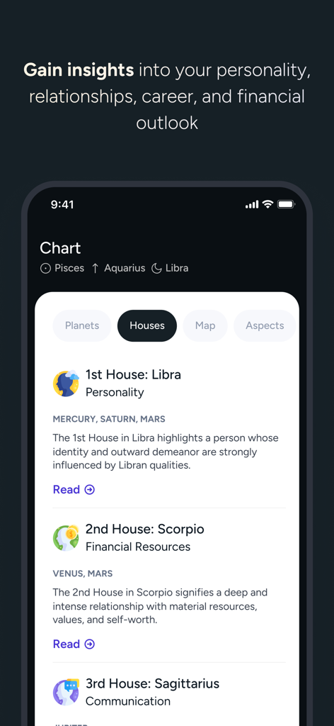 Análise detalhada de casas astrológicas no aplicativo Stellium mostrando insights de personalidade e financeiros com base em um mapa astral.