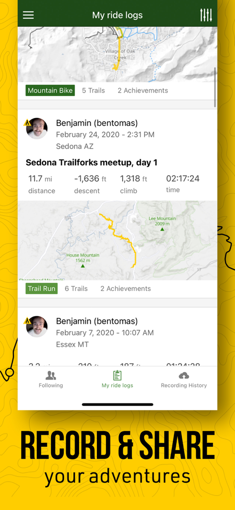 Captura de pantalla de la pantalla de registros de rutas de la aplicación Trailforks que muestra la distancia, la elevación y las estadísticas de descenso de una ruta de ciclismo de montaña.