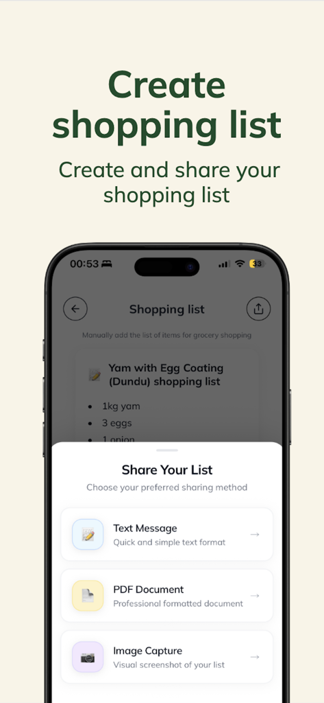 Interface of the MealCondo app showing options to share a grocery list for Nigerian recipes via text message, PDF, or image capture.