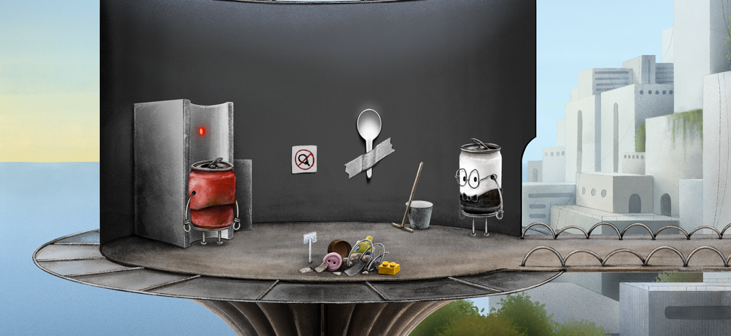 Boxville 2 - Scène dessinée à la main mettant en scène des personnages en boîte rouges et blancs dans Boxville 2.