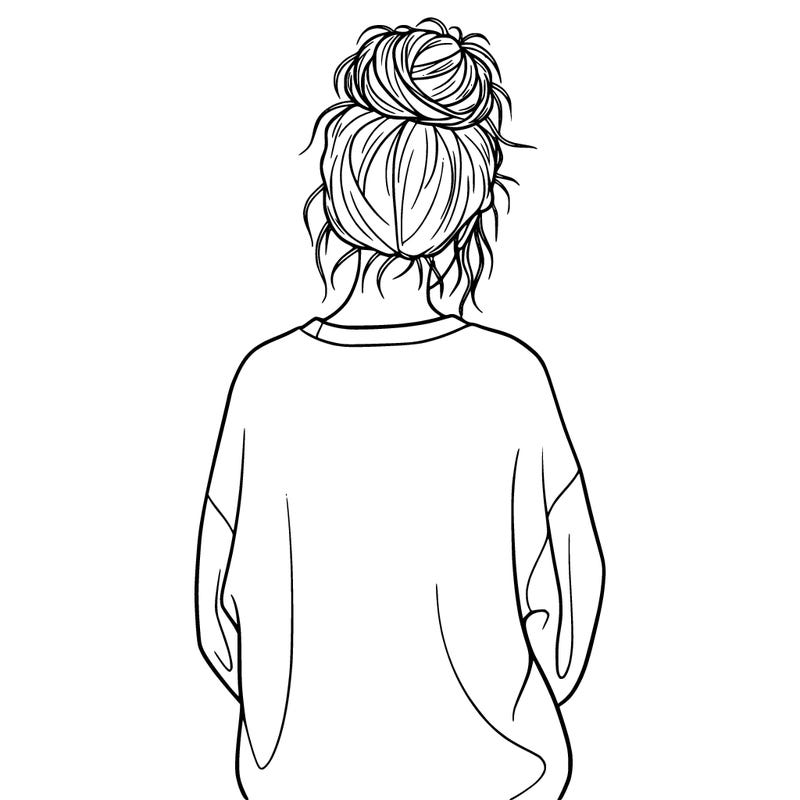 make a girl with one large messy bun and an oversized sweatshirt on