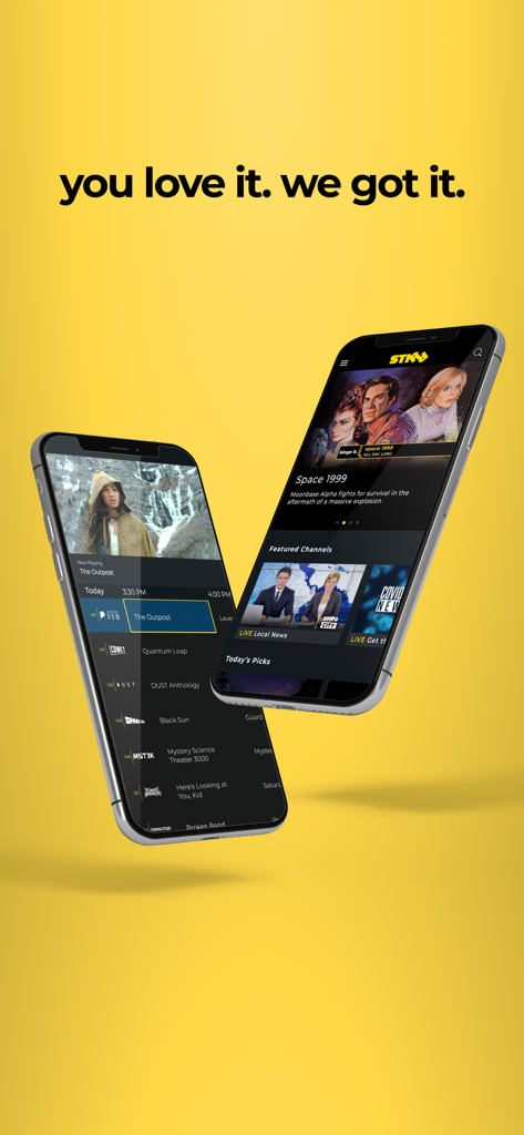 STIRR TV - STIRR TV app on two smartphones showing live local news and classic sci-fi series on a yellow background.
