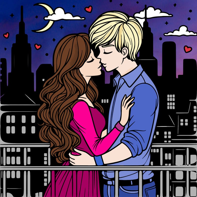 a couple kissing on a balcony with the city in the evening background