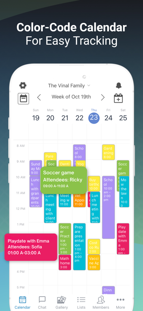 A color-coded weekly calendar in the Podz app displaying multiple family events and schedules