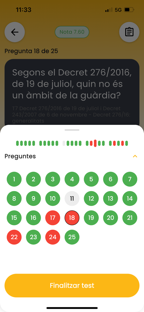 Mobile app screen showing a firefighter exam quiz with a summary of correct and incorrect answers