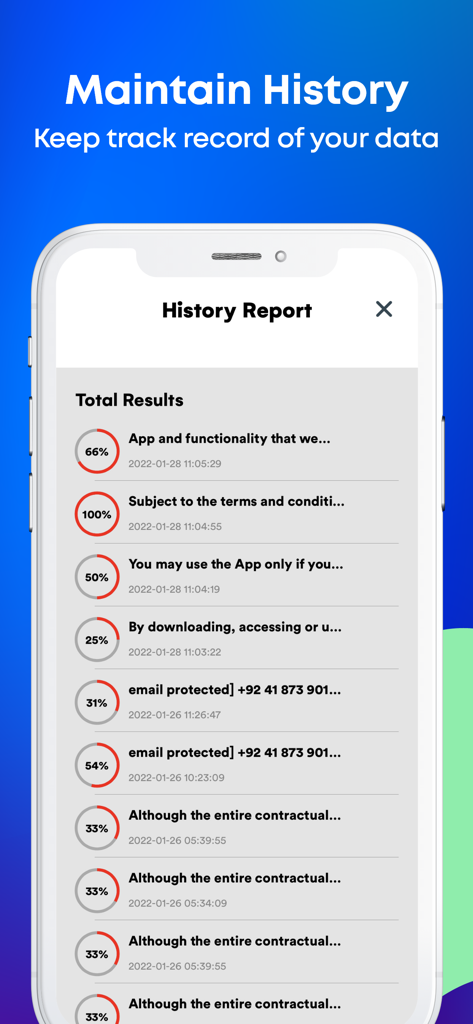 History report screen in the Plagiarism Checker app showing previous scan results