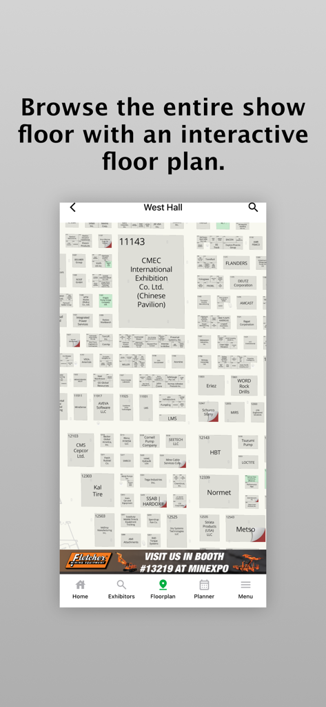 A mobile app interface displaying an interactive floor plan of the MINExpo West Hall with labeled exhibitor booths
